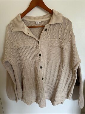 Tribal Jeans Cotton Relaxed Beige Cable-Knit Button Cardigan Sweater